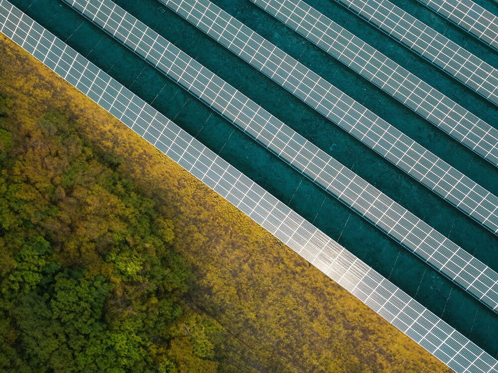 Birds eye view of solar power farm